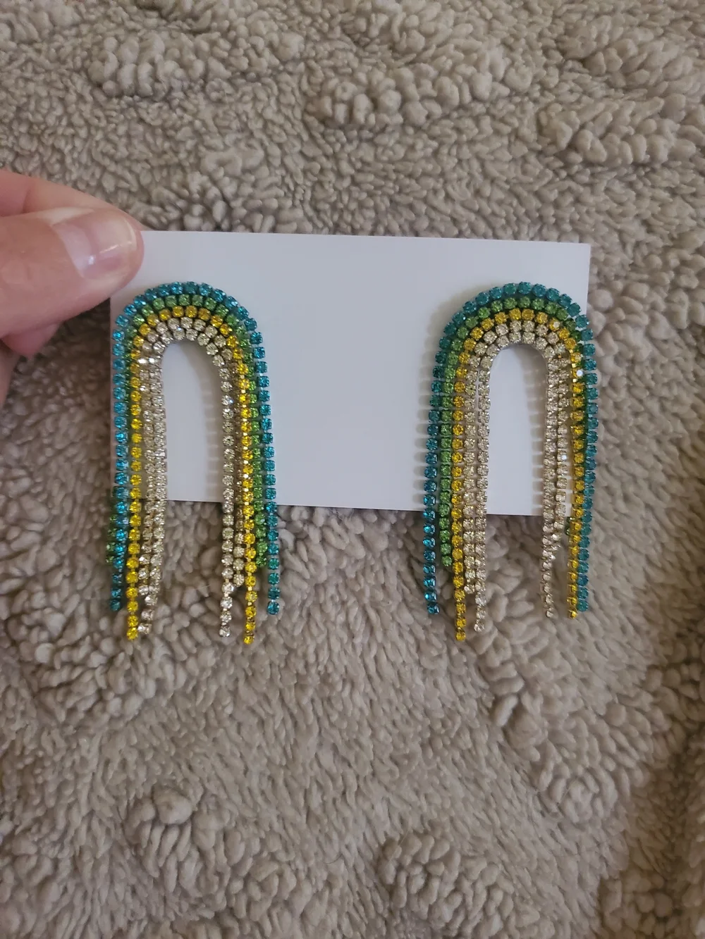 Rainbow Waterfall  Crystal Drop Earrings - Blue/Teal/Yellow Set Of 6